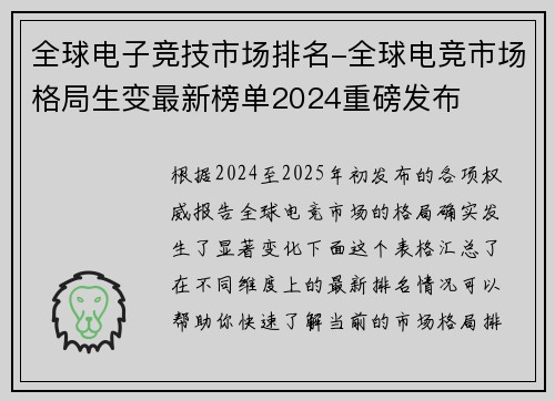 全球电子竞技市场排名-全球电竞市场格局生变最新榜单2024重磅发布